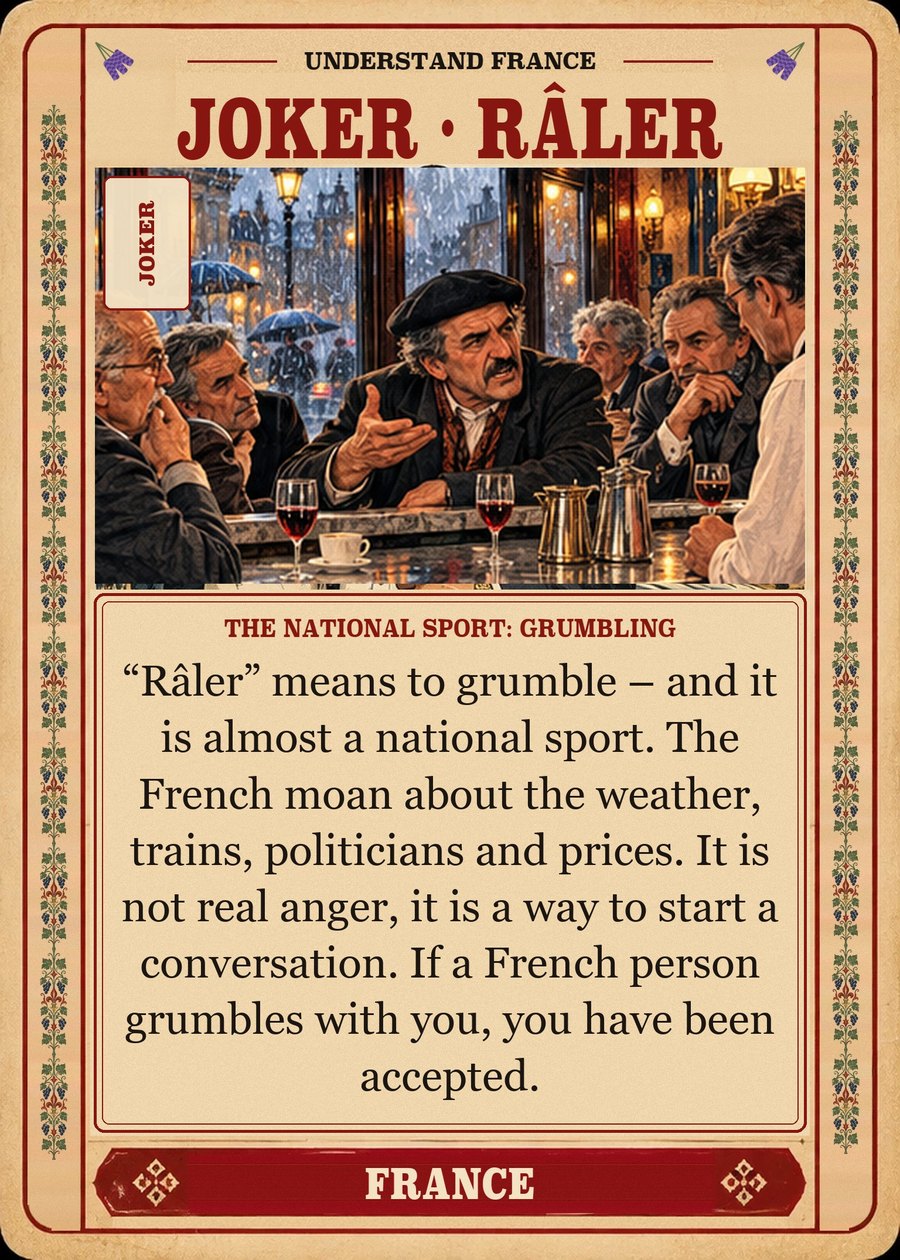 JOKER · RÂLER — the national sport: grumbling. “Râler” means to grumble – and it is almost a national sport. The French moan about the weather, trains, politicians and prices. It is not real anger, it is a way to start a conversation. If a French person grumbles with you, you have been accepted.