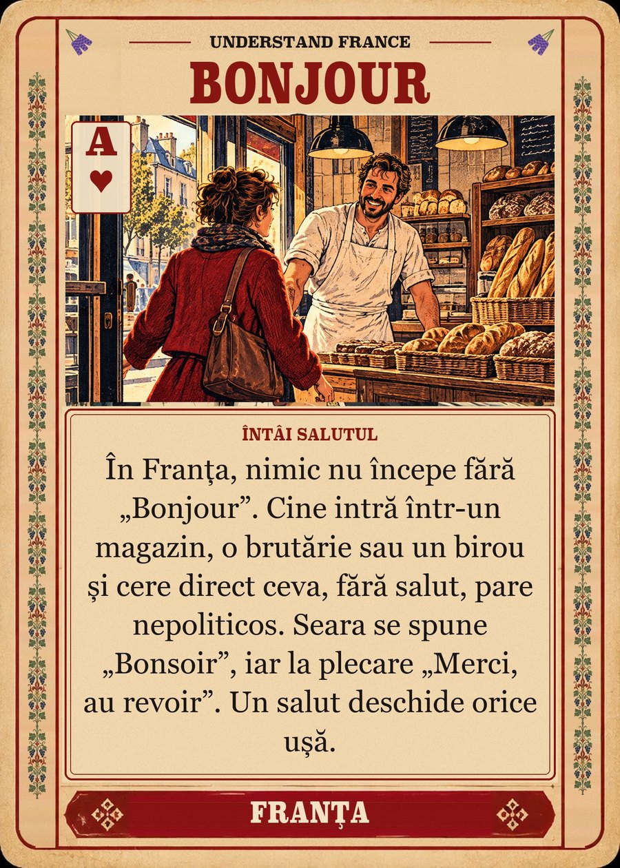 BONJOUR — întâi salutul. În Franța, nimic nu începe fără „Bonjour”. Cine intră într-un magazin, o brutărie sau un birou și cere direct ceva, fără salut, pare nepoliticos. Seara se spune „Bonsoir”, iar la plecare „Merci, au revoir”. Un salut deschide orice ușă.