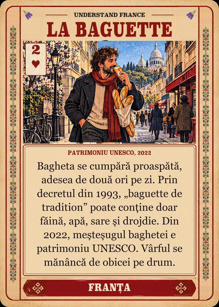 LA BAGUETTE — patrimoniu UNESCO, 2022. Bagheta se cumpără proaspătă, adesea de două ori pe zi. Prin decretul din 1993, „baguette de tradition” poate conține doar făină, apă, sare și drojdie. Din 2022, meșteșugul baghetei e patrimoniu UNESCO. Vârful se mănâncă de obicei pe drum.