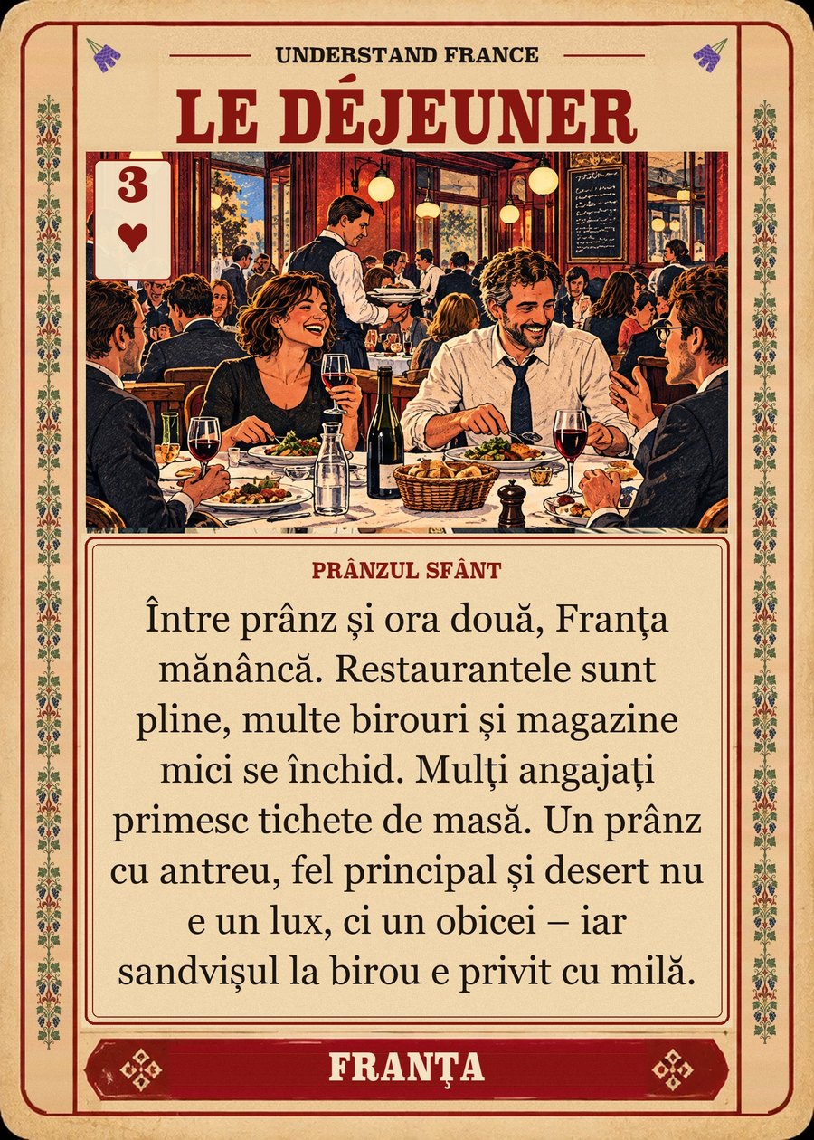 LE DÉJEUNER — prânzul sfânt. Între prânz și ora două, Franța mănâncă. Restaurantele sunt pline, multe birouri și magazine mici se închid. Mulți angajați primesc tichete de masă. Un prânz cu antreu, fel principal și desert nu e un lux, ci un obicei – iar sandvișul la birou e privit cu milă.