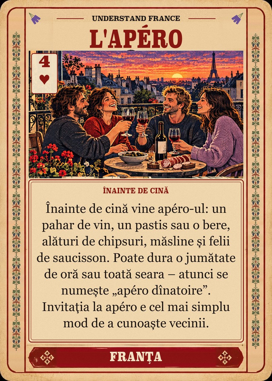 L'APÉRO — înainte de cină. Înainte de cină vine apéro-ul: un pahar de vin, un pastis sau o bere, alături de chipsuri, măsline și felii de saucisson. Poate dura o jumătate de oră sau toată seara – atunci se numește „apéro dînatoire”. Invitația la apéro e cel mai simplu mod de a cunoaște vecinii.