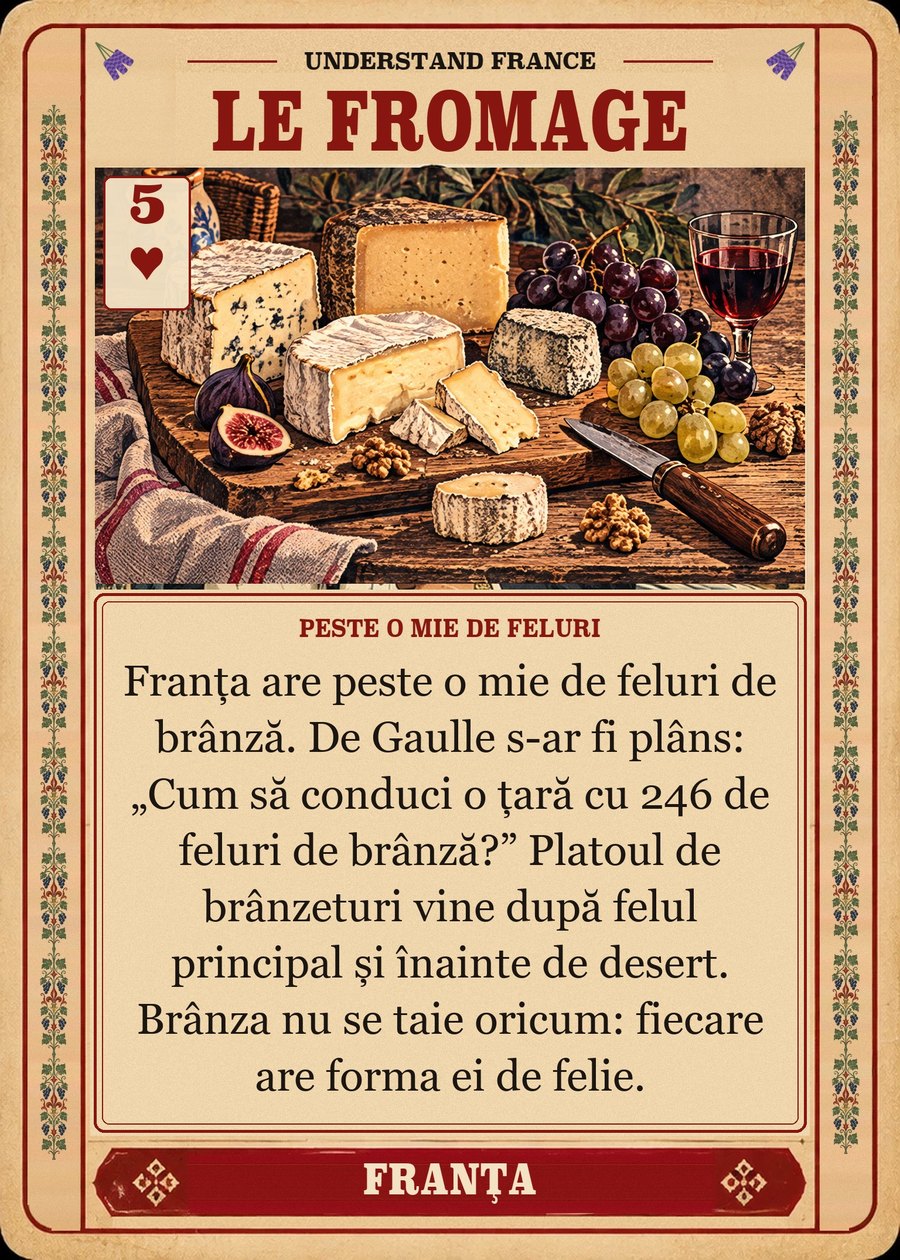 LE FROMAGE — peste o mie de feluri. Franța are peste o mie de feluri de brânză. De Gaulle s-ar fi plâns: „Cum să conduci o țară cu 246 de feluri de brânză?” Platoul de brânzeturi vine după felul principal și înainte de desert. Brânza nu se taie oricum: fiecare are forma ei de felie.