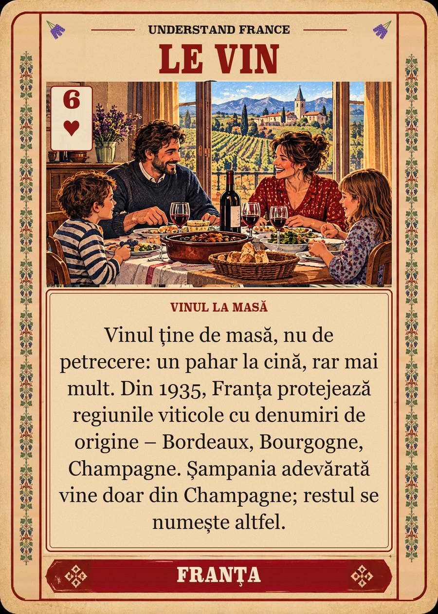 LE VIN — vinul la masă. Vinul ține de masă, nu de petrecere: un pahar la cină, rar mai mult. Din 1935, Franța protejează regiunile viticole cu denumiri de origine – Bordeaux, Bourgogne, Champagne. Șampania adevărată vine doar din Champagne; restul se numește altfel.