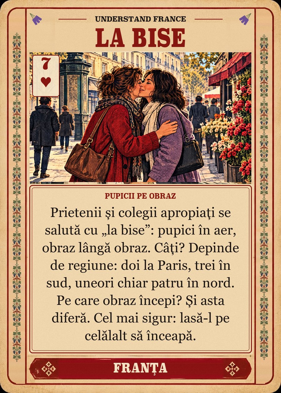 LA BISE — pupicii pe obraz. Prietenii și colegii apropiați se salută cu „la bise”: pupici în aer, obraz lângă obraz. Câți? Depinde de regiune: doi la Paris, trei în sud, uneori chiar patru în nord. Pe care obraz începi? Și asta diferă. Cel mai sigur: lasă-l pe celălalt să înceapă.