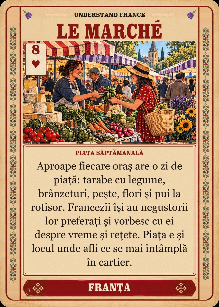 LE MARCHÉ — piața săptămânală. Aproape fiecare oraș are o zi de piață: tarabe cu legume, brânzeturi, pește, flori și pui la rotisor. Francezii își au negustorii lor preferați și vorbesc cu ei despre vreme și rețete. Piața e și locul unde afli ce se mai întâmplă în cartier.