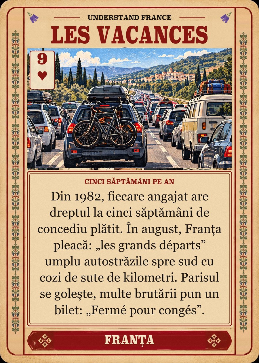 LES VACANCES — cinci săptămâni pe an. Din 1982, fiecare angajat are dreptul la cinci săptămâni de concediu plătit. În august, Franța pleacă: „les grands départs” umplu autostrăzile spre sud cu cozi de sute de kilometri. Parisul se golește, multe brutării pun un bilet: „Fermé pour congés”.