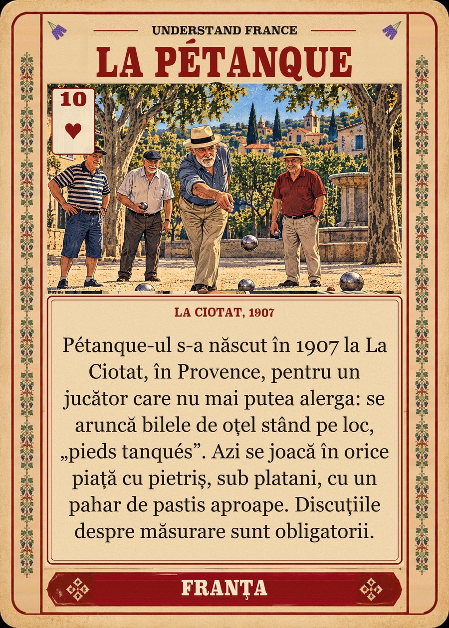 LA PÉTANQUE — La Ciotat, 1907. Pétanque-ul s-a născut în 1907 la La Ciotat, în Provence, pentru un jucător care nu mai putea alerga: se aruncă bilele de oțel stând pe loc, „pieds tanqués”. Azi se joacă în orice piață cu pietriș, sub platani, cu un pahar de pastis aproape. Discuțiile despre măsurare sunt obligatorii.