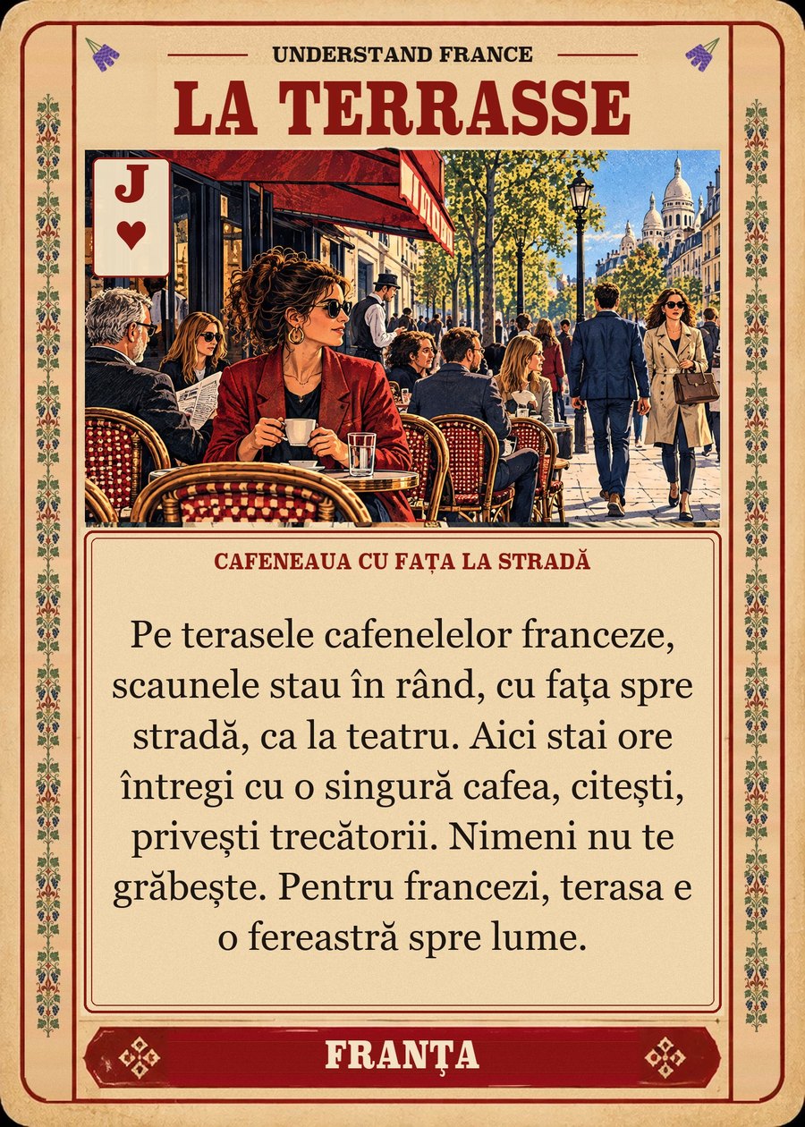 LA TERRASSE — cafeneaua cu fața la stradă. Pe terasele cafenelelor franceze, scaunele stau în rând, cu fața spre stradă, ca la teatru. Aici stai ore întregi cu o singură cafea, citești, privești trecătorii. Nimeni nu te grăbește. Pentru francezi, terasa e o fereastră spre lume.
