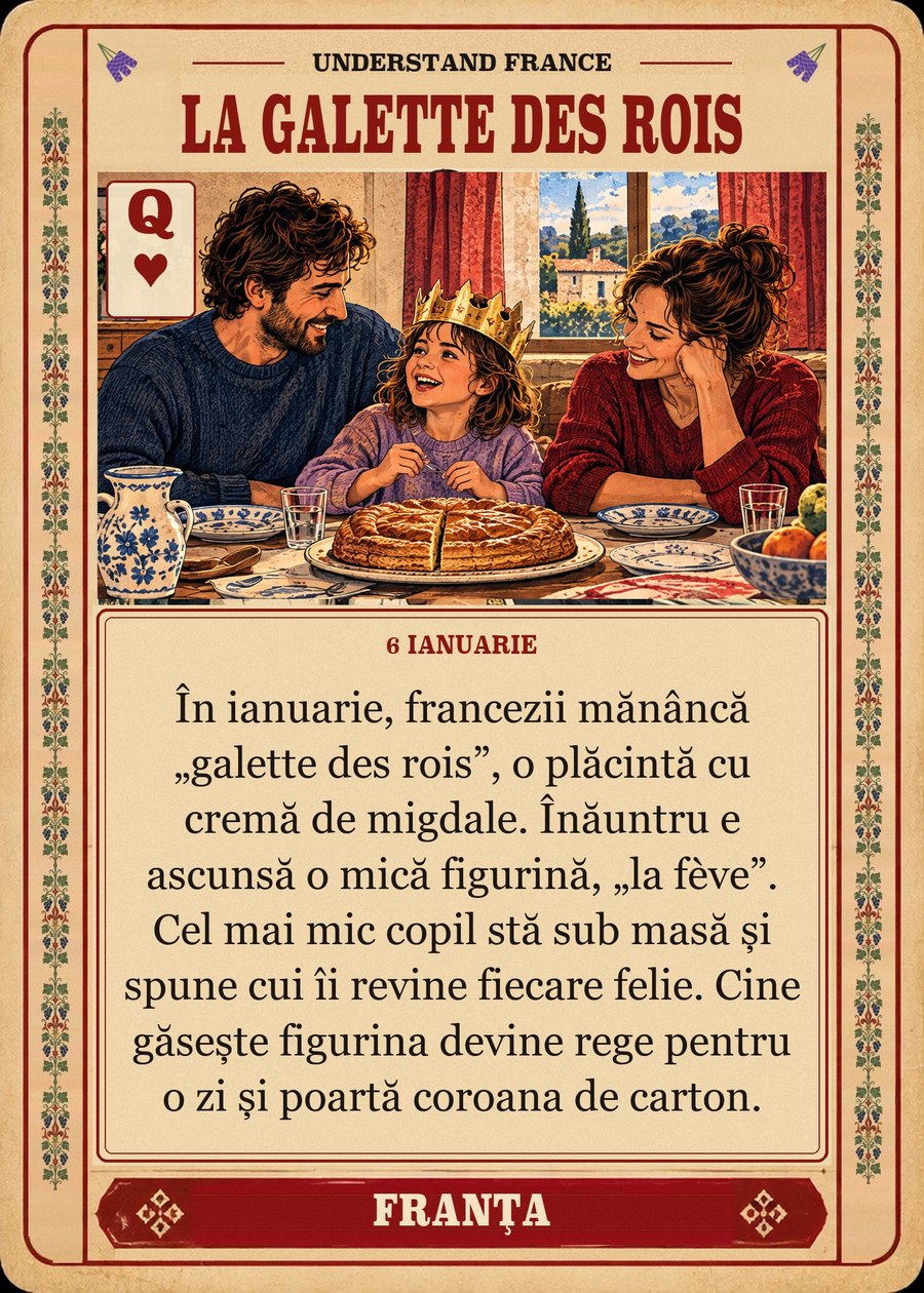 LA GALETTE DES ROIS — 6 ianuarie. În ianuarie, francezii mănâncă „galette des rois”, o plăcintă cu cremă de migdale. Înăuntru e ascunsă o mică figurină, „la fève”. Cel mai mic copil stă sub masă și spune cui îi revine fiecare felie. Cine găsește figurina devine rege pentru o zi și poartă coroana de carton.