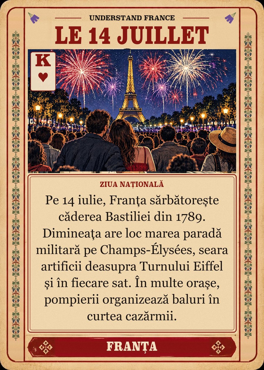 LE 14 JUILLET — ziua națională. Pe 14 iulie, Franța sărbătorește căderea Bastiliei din 1789. Dimineața are loc marea paradă militară pe Champs-Élysées, seara artificii deasupra Turnului Eiffel și în fiecare sat. În multe orașe, pompierii organizează baluri în curtea cazărmii.