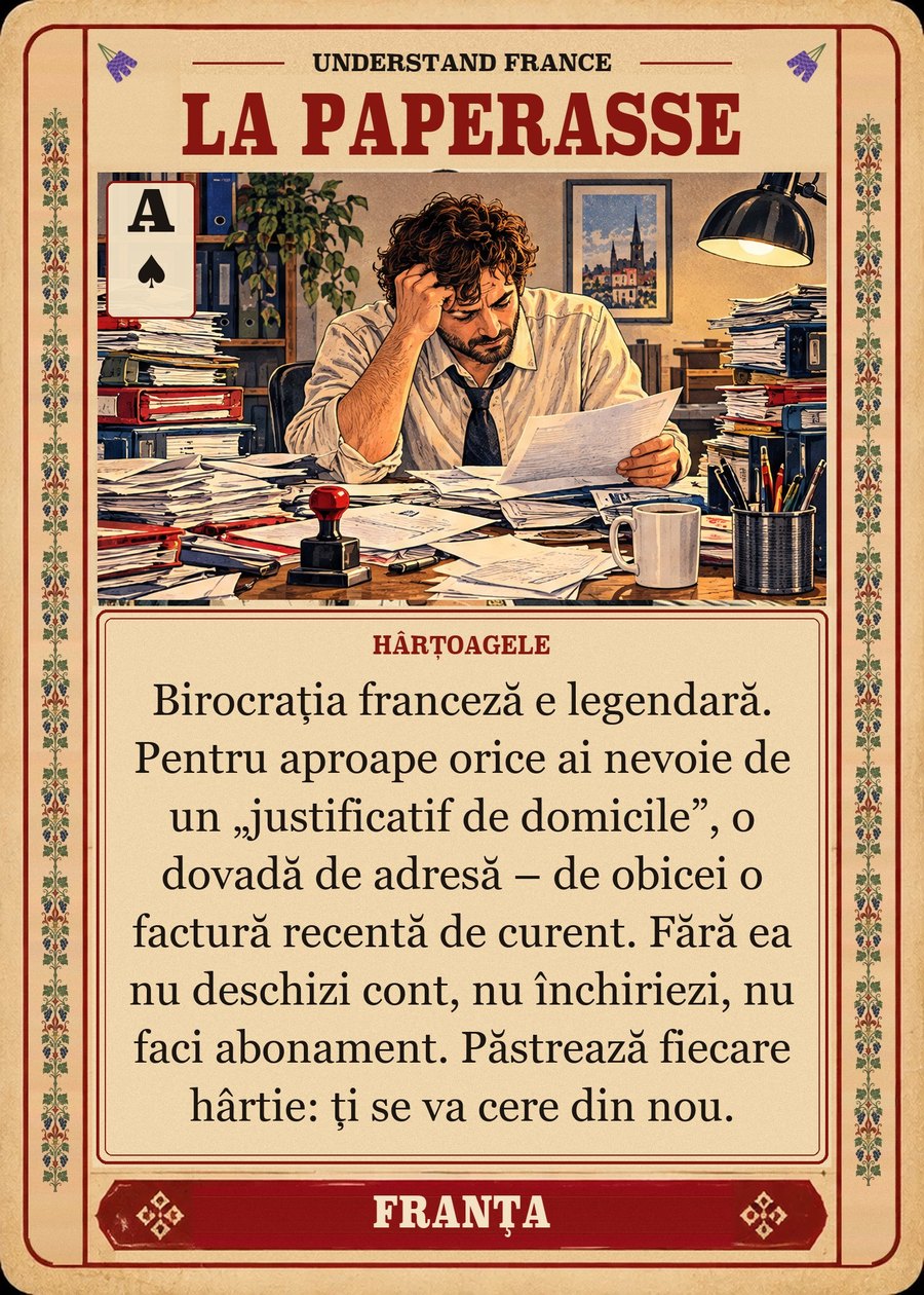 LA PAPERASSE — hârțoagele. Birocrația franceză e legendară. Pentru aproape orice ai nevoie de un „justificatif de domicile”, o dovadă de adresă – de obicei o factură recentă de curent. Fără ea nu deschizi cont, nu închiriezi, nu faci abonament. Păstrează fiecare hârtie: ți se va cere din nou.