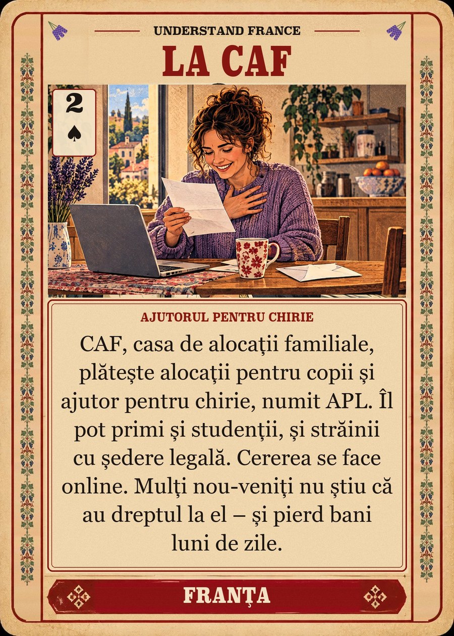 LA CAF — ajutorul pentru chirie. CAF, casa de alocații familiale, plătește alocații pentru copii și ajutor pentru chirie, numit APL. Îl pot primi și studenții, și străinii cu ședere legală. Cererea se face online. Mulți nou-veniți nu știu că au dreptul la el – și pierd bani luni de zile.