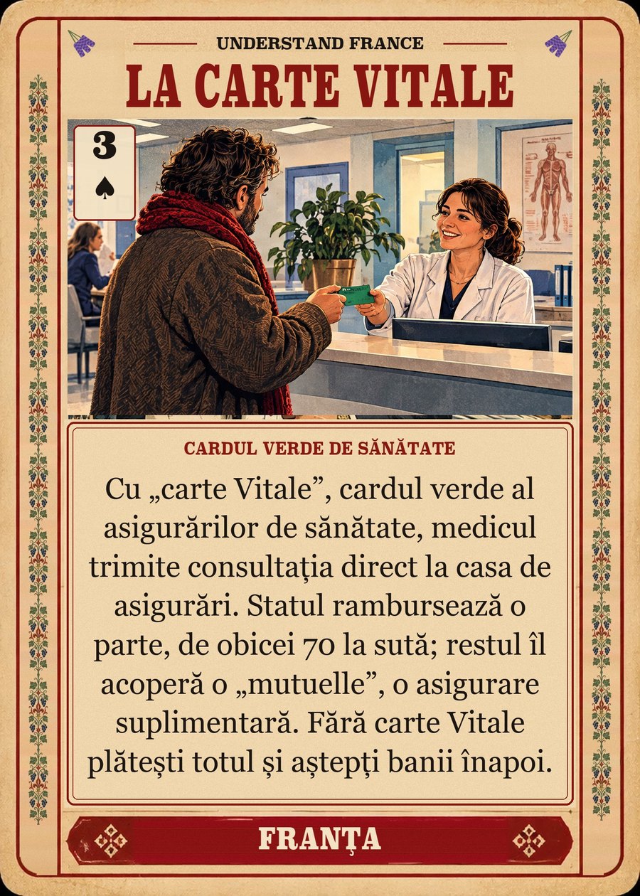 LA CARTE VITALE — cardul verde de sănătate. Cu „carte Vitale”, cardul verde al asigurărilor de sănătate, medicul trimite consultația direct la casa de asigurări. Statul rambursează o parte, de obicei 70 la sută; restul îl acoperă o „mutuelle”, o asigurare suplimentară. Fără carte Vitale plătești totul și aștepți banii înapoi.