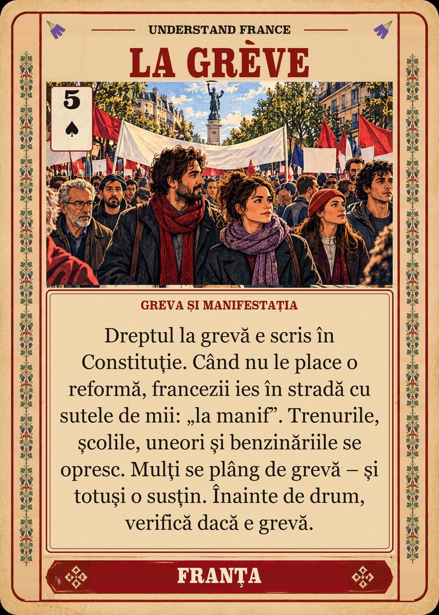 LA GRÈVE — greva și manifestația. Dreptul la grevă e scris în Constituție. Când nu le place o reformă, francezii ies în stradă cu sutele de mii: „la manif”. Trenurile, școlile, uneori și benzinăriile se opresc. Mulți se plâng de grevă – și totuși o susțin. Înainte de drum, verifică dacă e grevă.