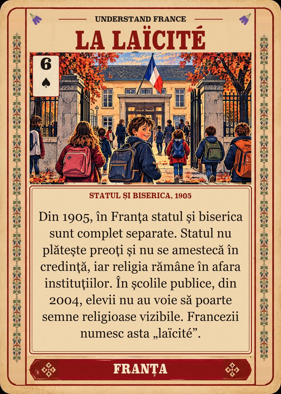 LA LAÏCITÉ — statul și biserica, 1905. Din 1905, în Franța statul și biserica sunt complet separate. Statul nu plătește preoți și nu se amestecă în credință, iar religia rămâne în afara instituțiilor. În școlile publice, din 2004, elevii nu au voie să poarte semne religioase vizibile. Francezii numesc asta „laïcité”.