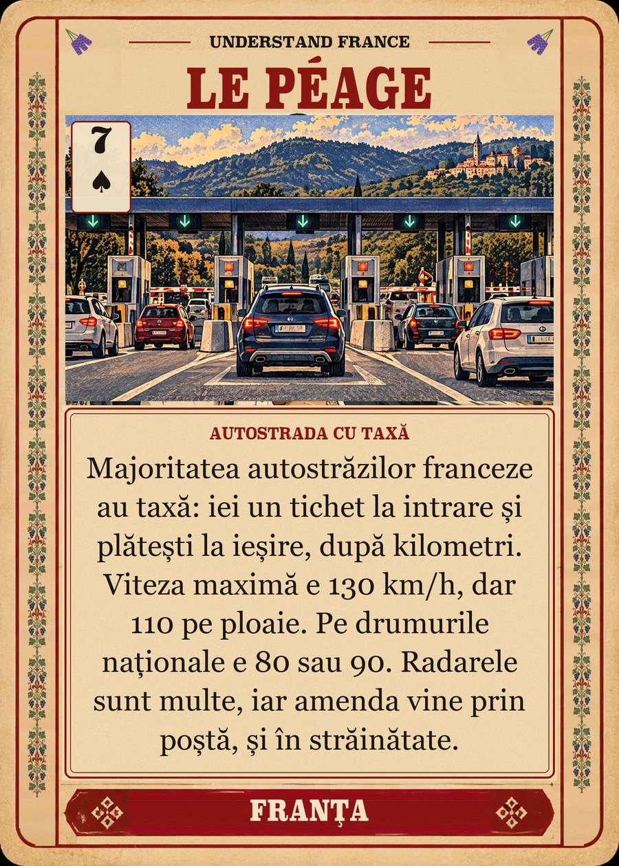 LE PÉAGE — autostrada cu taxă. Majoritatea autostrăzilor franceze au taxă: iei un tichet la intrare și plătești la ieșire, după kilometri. Viteza maximă e 130 km/h, dar 110 pe ploaie. Pe drumurile naționale e 80 sau 90. Radarele sunt multe, iar amenda vine prin poștă, și în străinătate.