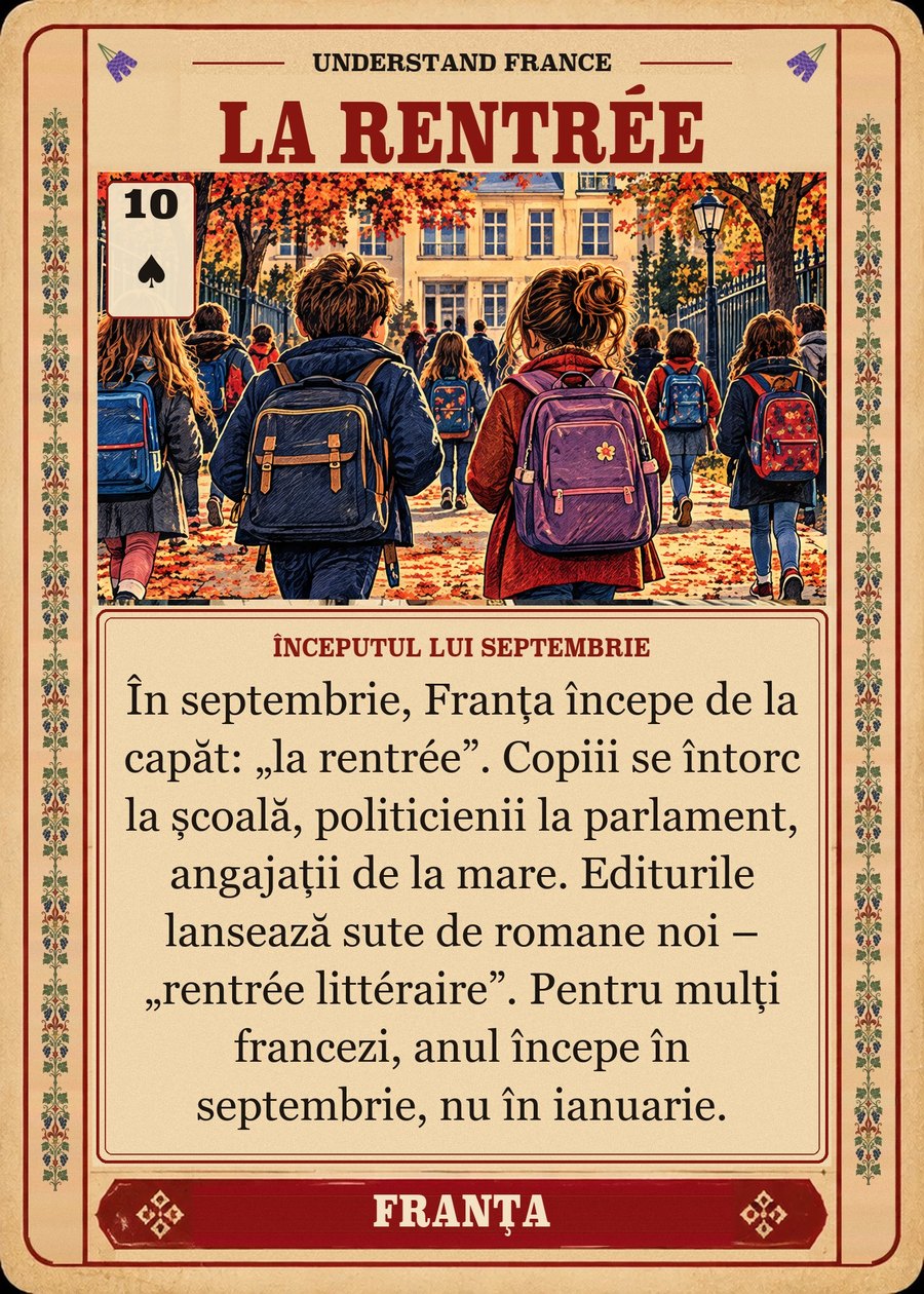 LA RENTRÉE — începutul lui septembrie. În septembrie, Franța începe de la capăt: „la rentrée”. Copiii se întorc la școală, politicienii la parlament, angajații de la mare. Editurile lansează sute de romane noi – „rentrée littéraire”. Pentru mulți francezi, anul începe în septembrie, nu în ianuarie.