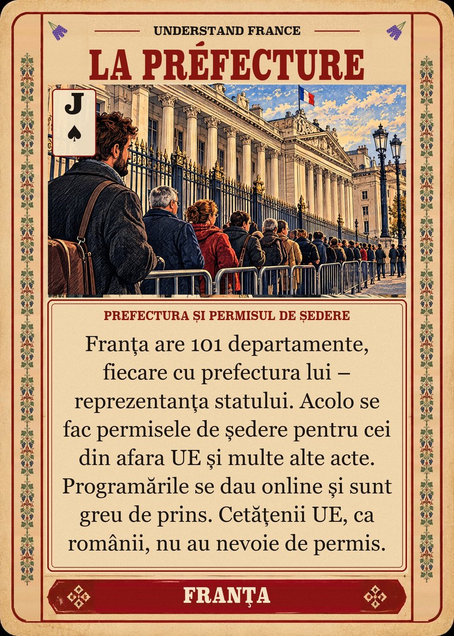LA PRÉFECTURE — prefectura și permisul de ședere. Franța are 101 departamente, fiecare cu prefectura lui – reprezentanța statului. Acolo se fac permisele de ședere pentru cei din afara UE și multe alte acte. Programările se dau online și sunt greu de prins. Cetățenii UE, ca românii, nu au nevoie de permis.
