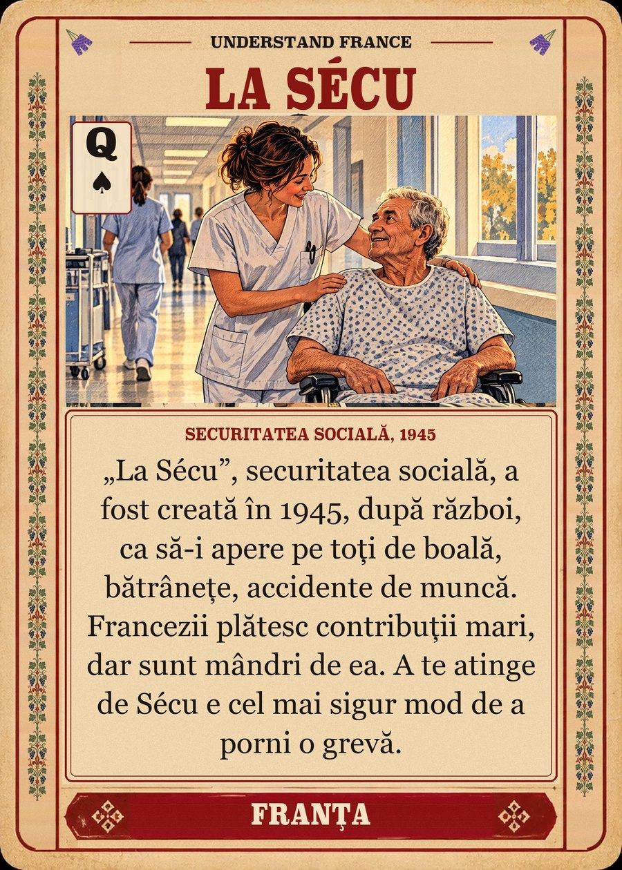 LA SÉCU — securitatea socială, 1945. „La Sécu”, securitatea socială, a fost creată în 1945, după război, ca să-i apere pe toți de boală, bătrânețe, accidente de muncă. Francezii plătesc contribuții mari, dar sunt mândri de ea. A te atinge de Sécu e cel mai sigur mod de a porni o grevă.