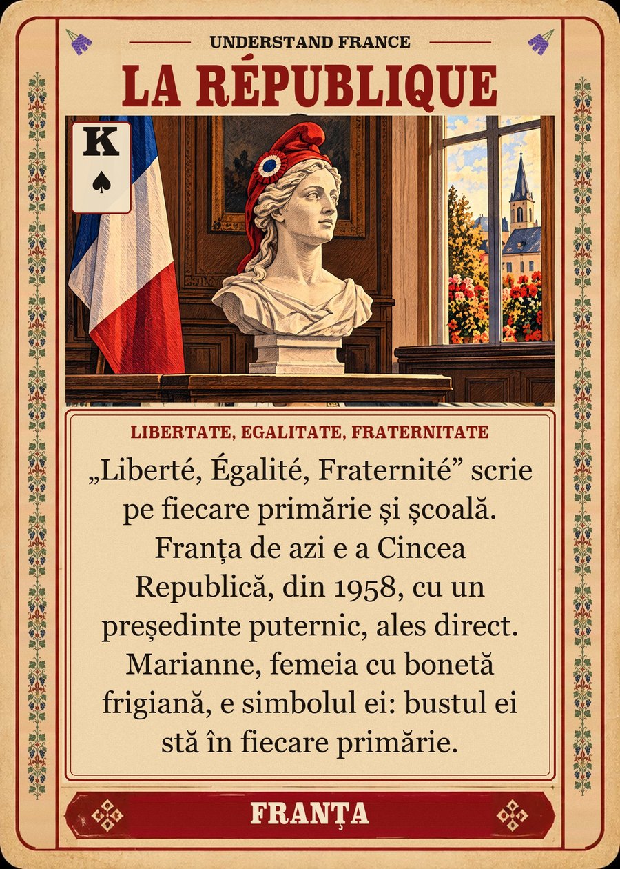 LA RÉPUBLIQUE — libertate, egalitate, fraternitate. „Liberté, Égalité, Fraternité” scrie pe fiecare primărie și școală. Franța de azi e a Cincea Republică, din 1958, cu un președinte puternic, ales direct. Marianne, femeia cu bonetă frigiană, e simbolul ei: bustul ei stă în fiecare primărie.