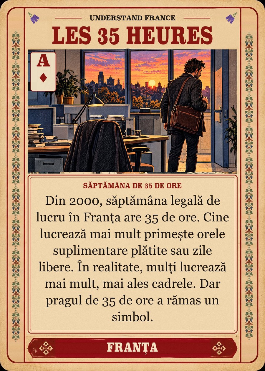 LES 35 HEURES — săptămâna de 35 de ore. Din 2000, săptămâna legală de lucru în Franța are 35 de ore. Cine lucrează mai mult primește orele suplimentare plătite sau zile libere. În realitate, mulți lucrează mai mult, mai ales cadrele. Dar pragul de 35 de ore a rămas un simbol.