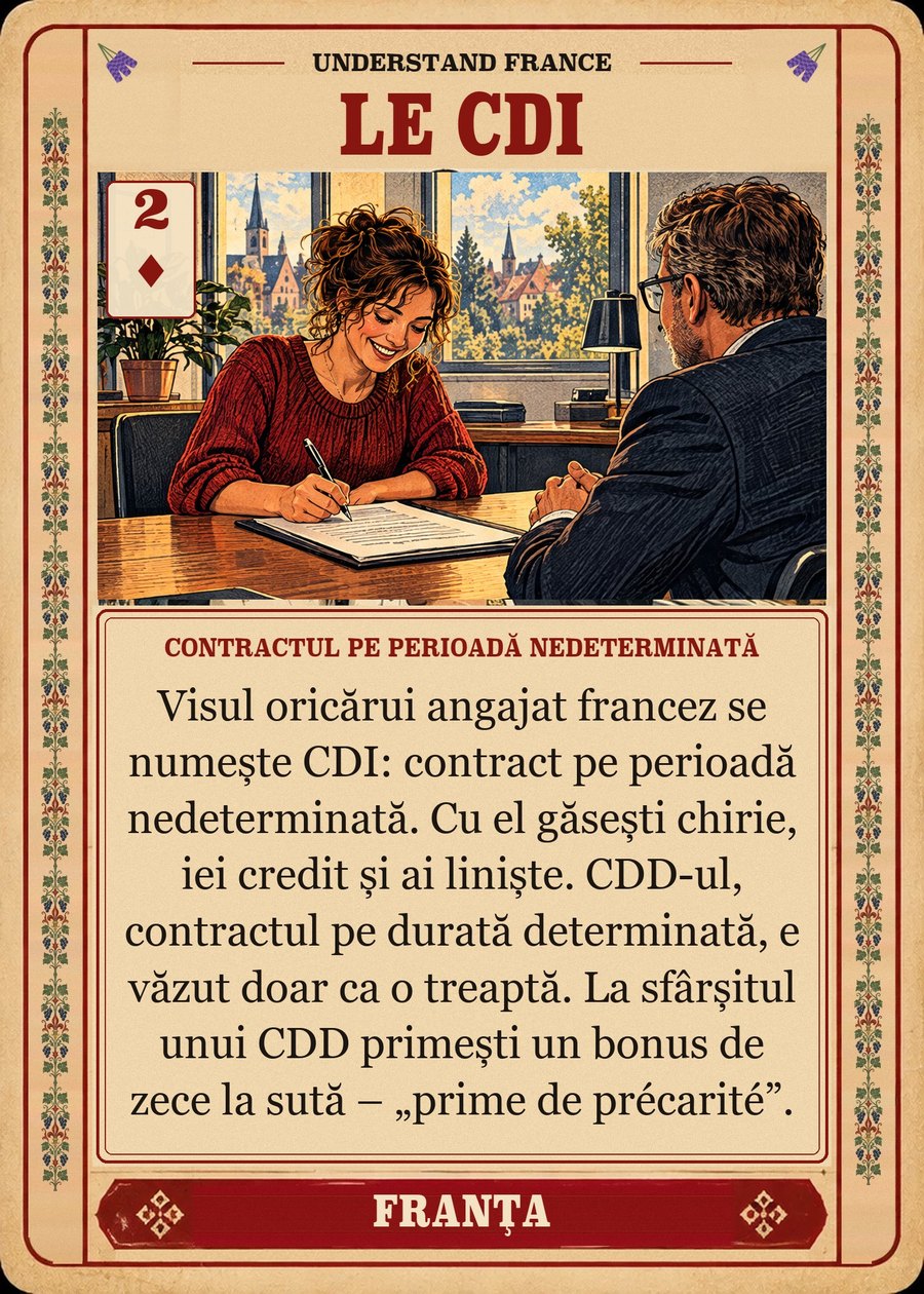 LE CDI — contractul pe perioadă nedeterminată. Visul oricărui angajat francez se numește CDI: contract pe perioadă nedeterminată. Cu el găsești chirie, iei credit și ai liniște. CDD-ul, contractul pe durată determinată, e văzut doar ca o treaptă. La sfârșitul unui CDD primești un bonus de zece la sută – „prime de précarité”.