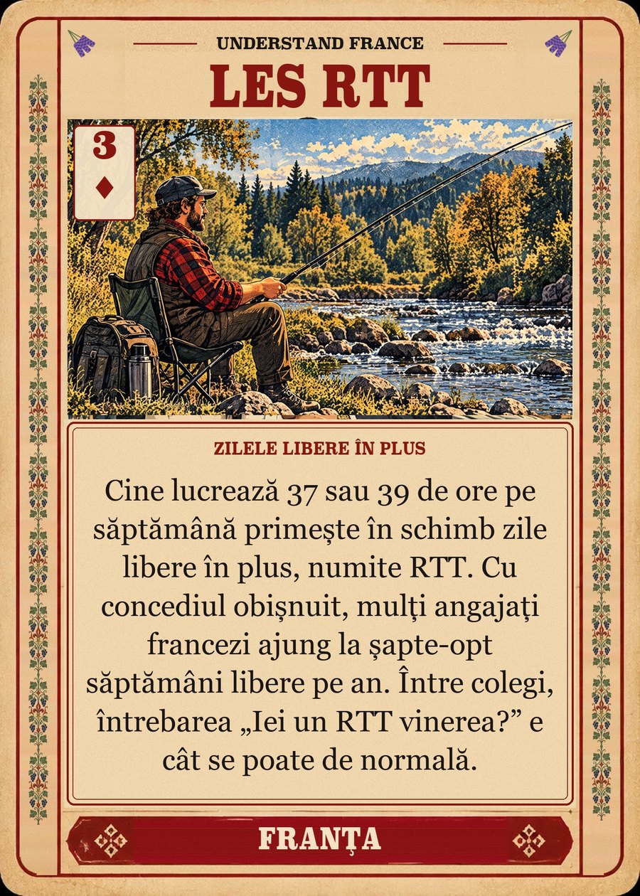 LES RTT — zilele libere în plus. Cine lucrează 37 sau 39 de ore pe săptămână primește în schimb zile libere în plus, numite RTT. Cu concediul obișnuit, mulți angajați francezi ajung la șapte-opt săptămâni libere pe an. Între colegi, întrebarea „Iei un RTT vinerea?” e cât se poate de normală.