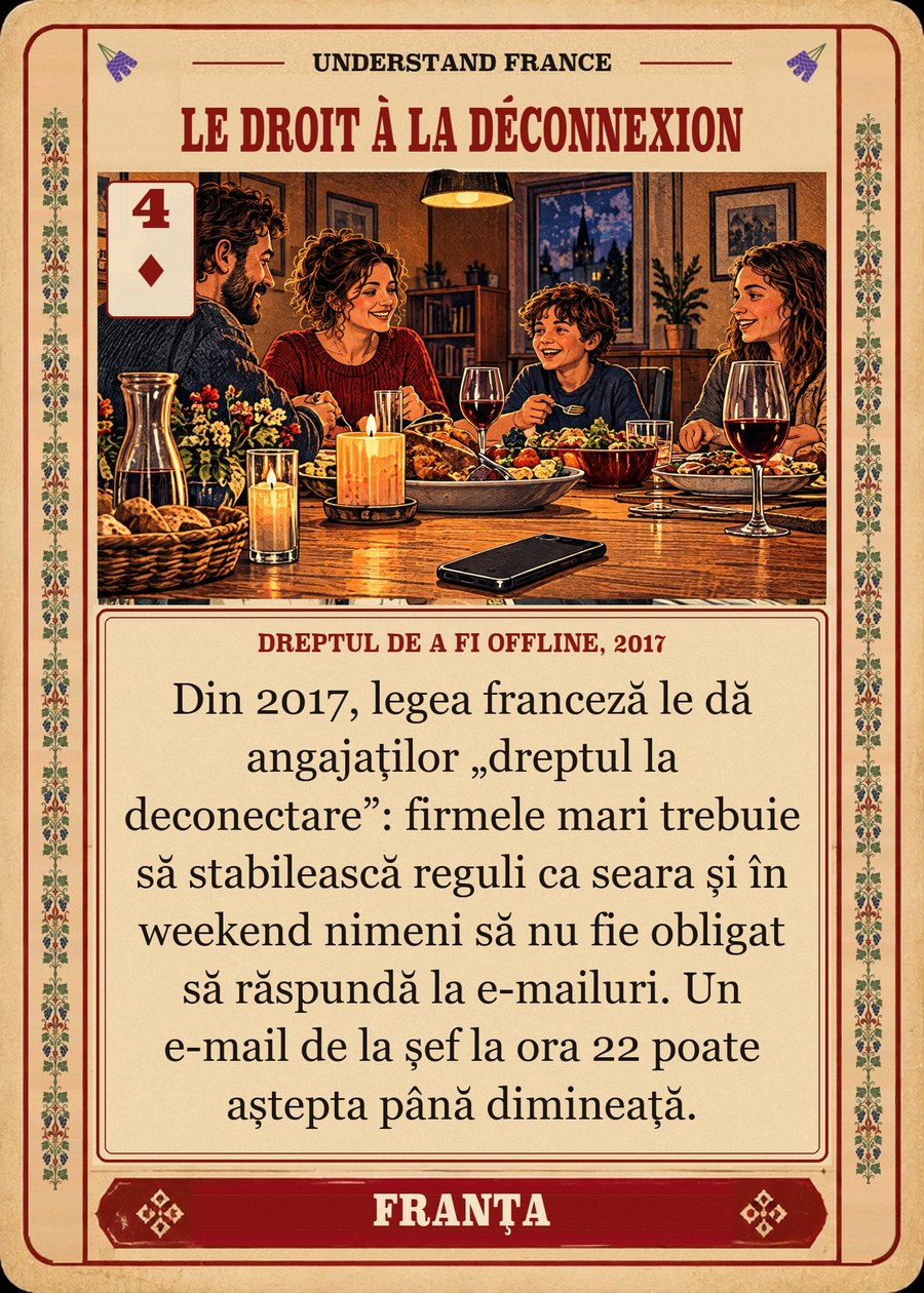 LE DROIT À LA DÉCONNEXION — dreptul de a fi offline, 2017. Din 2017, legea franceză le dă angajaților „dreptul la deconectare”: firmele mari trebuie să stabilească reguli ca seara și în weekend nimeni să nu fie obligat să răspundă la e-mailuri. Un e-mail de la șef la ora 22 poate aștepta până dimineață.
