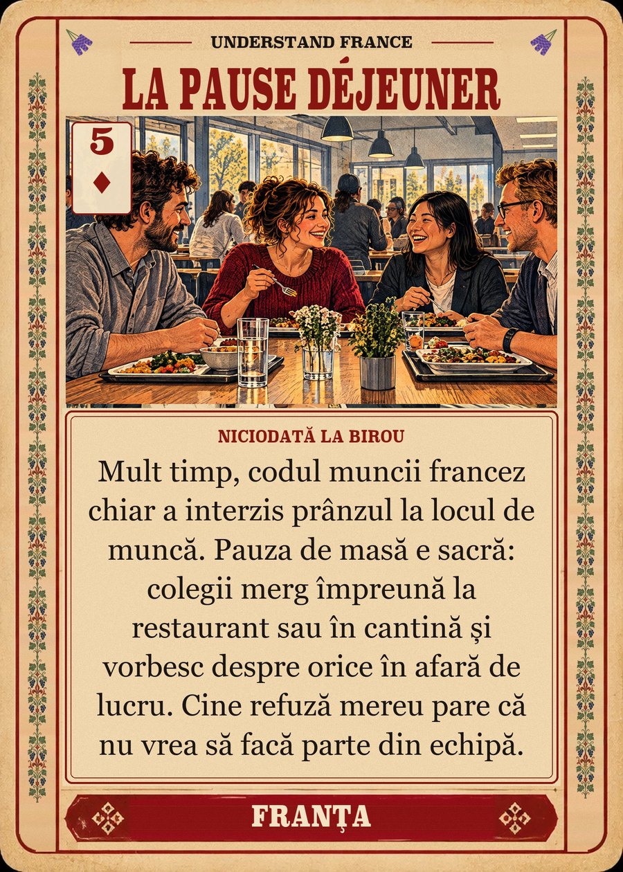 LA PAUSE DÉJEUNER — niciodată la birou. Mult timp, codul muncii francez chiar a interzis prânzul la locul de muncă. Pauza de masă e sacră: colegii merg împreună la restaurant sau în cantină și vorbesc despre orice în afară de lucru. Cine refuză mereu pare că nu vrea să facă parte din echipă.