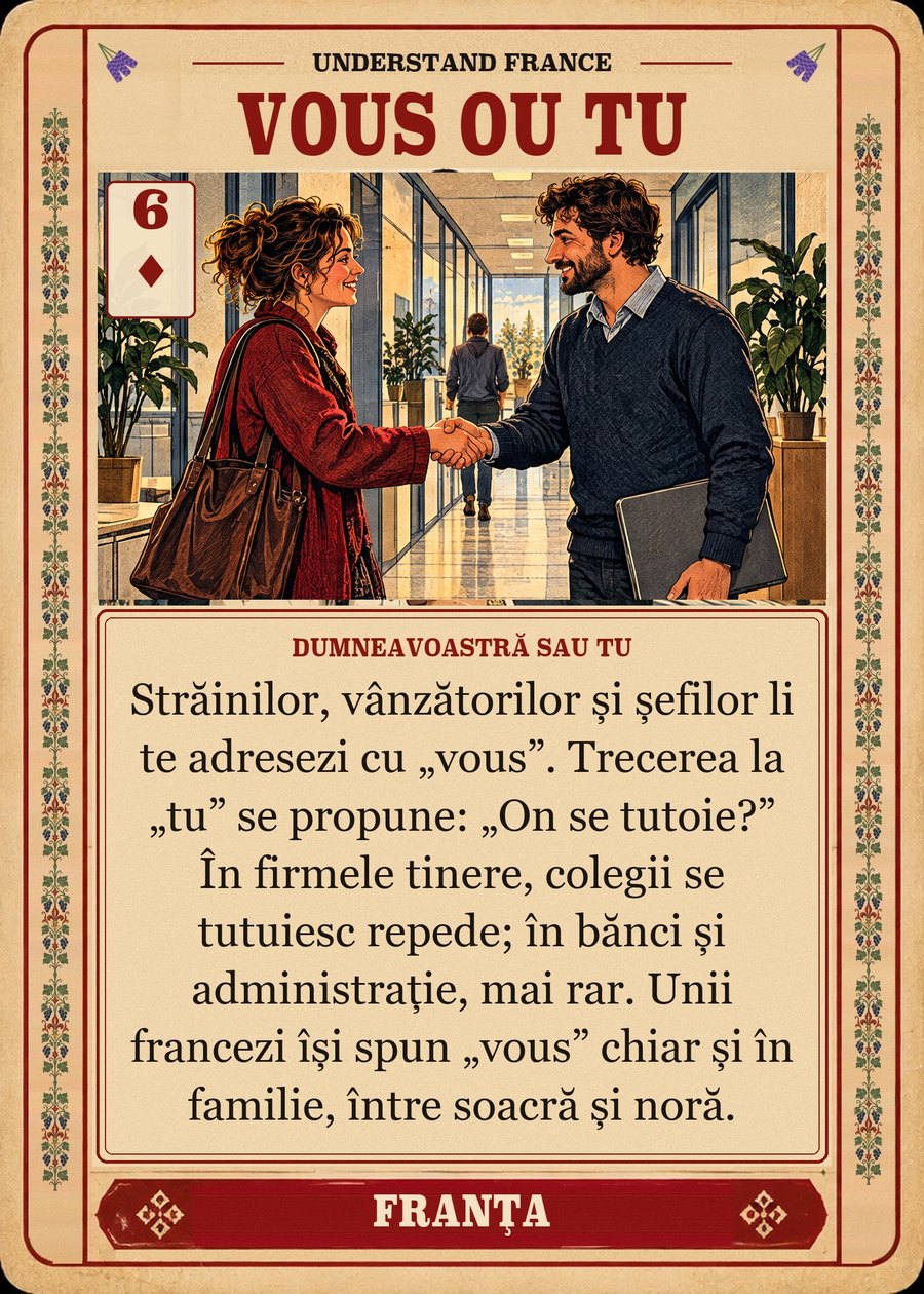 VOUS OU TU — dumneavoastră sau tu. Străinilor, vânzătorilor și șefilor li te adresezi cu „vous”. Trecerea la „tu” se propune: „On se tutoie?” În firmele tinere, colegii se tutuiesc repede; în bănci și administrație, mai rar. Unii francezi își spun „vous” chiar și în familie, între soacră și noră.
