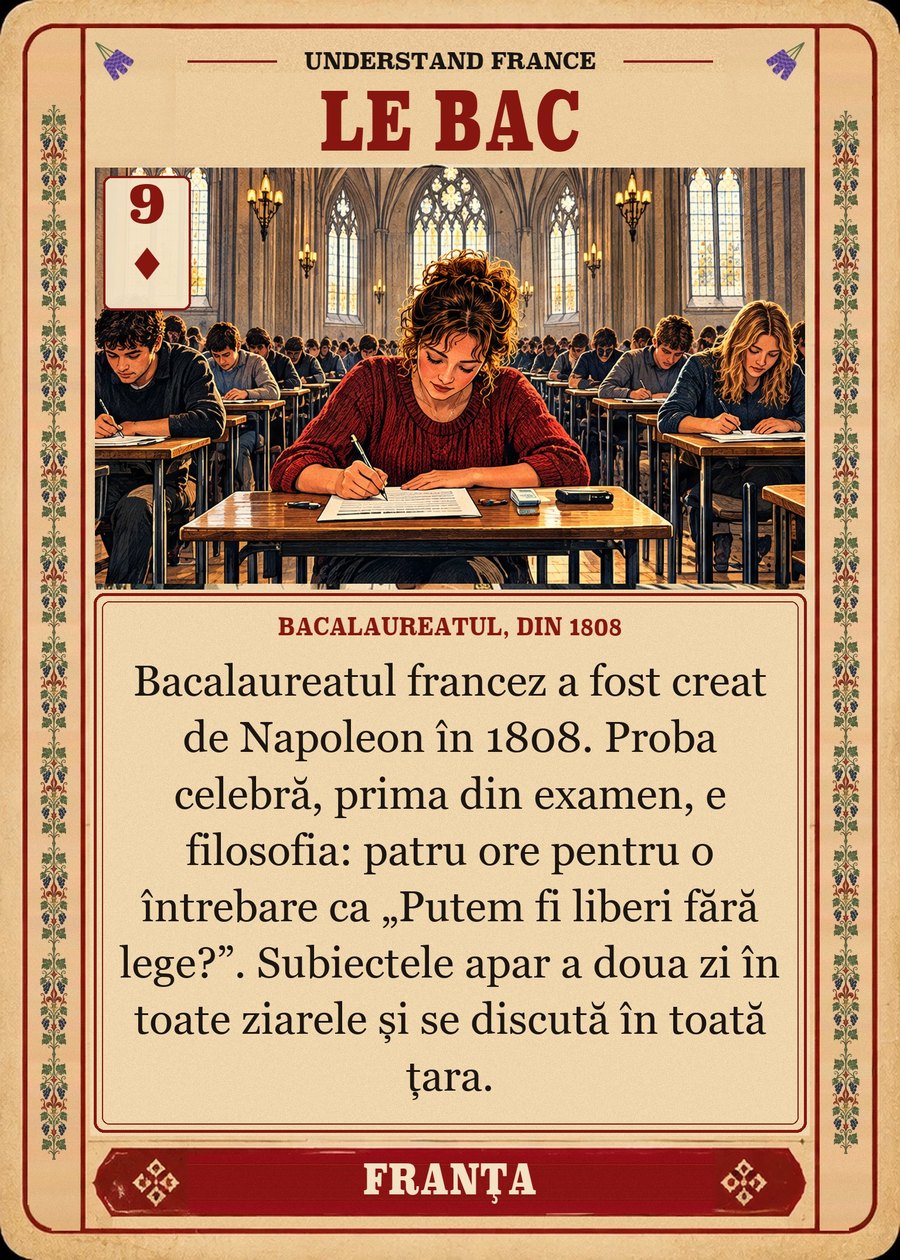 LE BAC — bacalaureatul, din 1808. Bacalaureatul francez a fost creat de Napoleon în 1808. Proba celebră, prima din examen, e filosofia: patru ore pentru o întrebare ca „Putem fi liberi fără lege?”. Subiectele apar a doua zi în toate ziarele și se discută în toată țara.