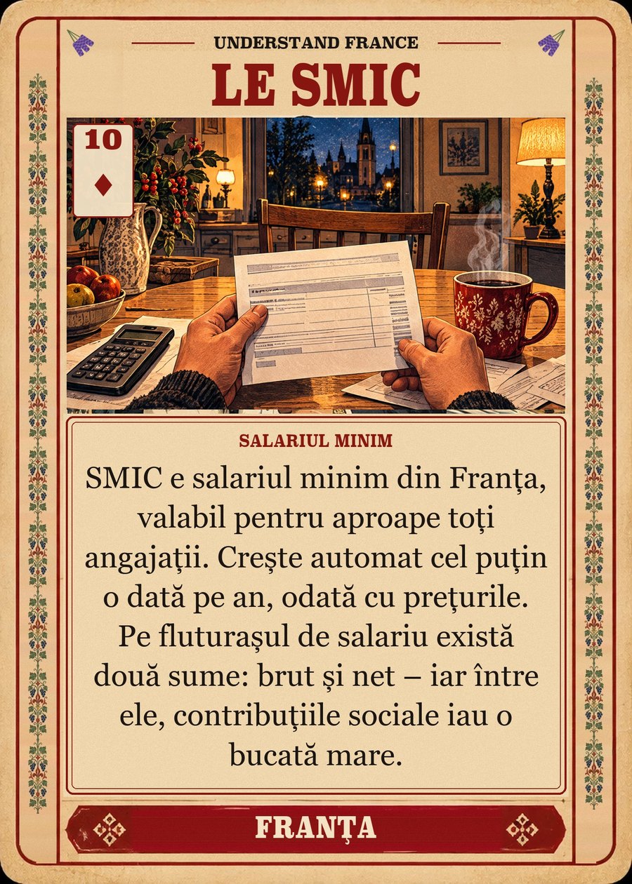 LE SMIC — salariul minim. SMIC e salariul minim din Franța, valabil pentru aproape toți angajații. Crește automat cel puțin o dată pe an, odată cu prețurile. Pe fluturașul de salariu există două sume: brut și net – iar între ele, contribuțiile sociale iau o bucată mare.