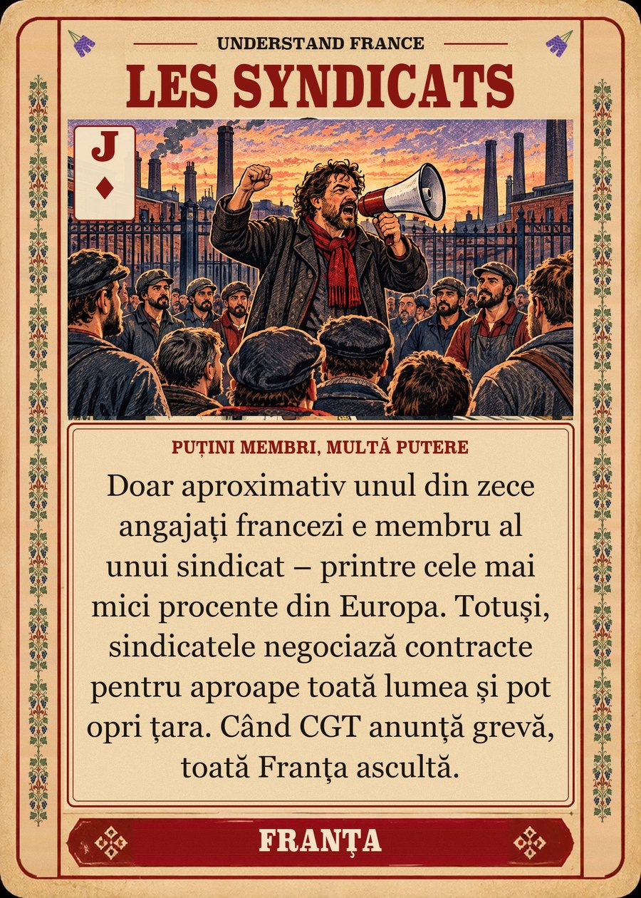 LES SYNDICATS — puțini membri, multă putere. Doar aproximativ unul din zece angajați francezi e membru al unui sindicat – printre cele mai mici procente din Europa. Totuși, sindicatele negociază contracte pentru aproape toată lumea și pot opri țara. Când CGT anunță grevă, toată Franța ascultă.