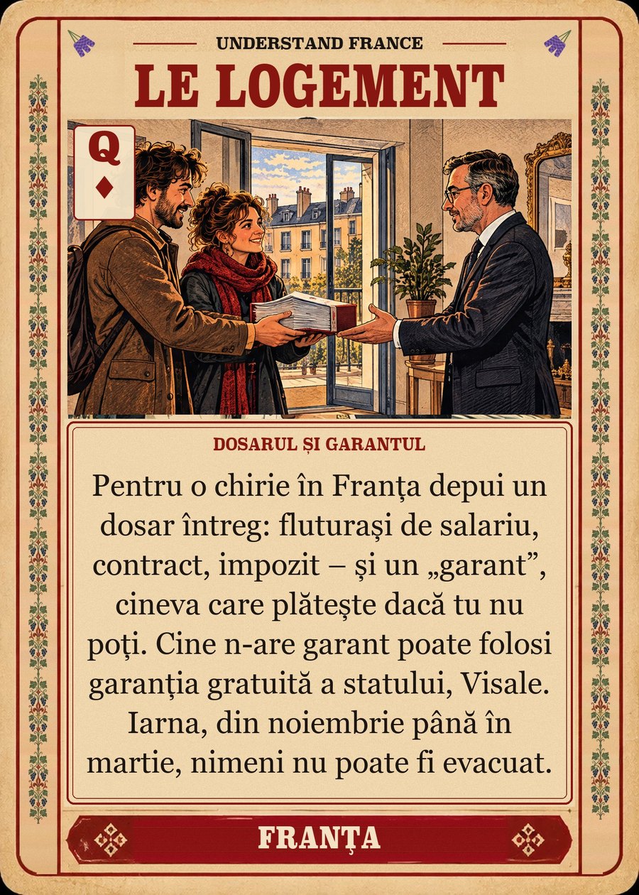 LE LOGEMENT — dosarul și garantul. Pentru o chirie în Franța depui un dosar întreg: fluturași de salariu, contract, impozit – și un „garant”, cineva care plătește dacă tu nu poți. Cine n-are garant poate folosi garanția gratuită a statului, Visale. Iarna, din noiembrie până în martie, nimeni nu poate fi evacuat.