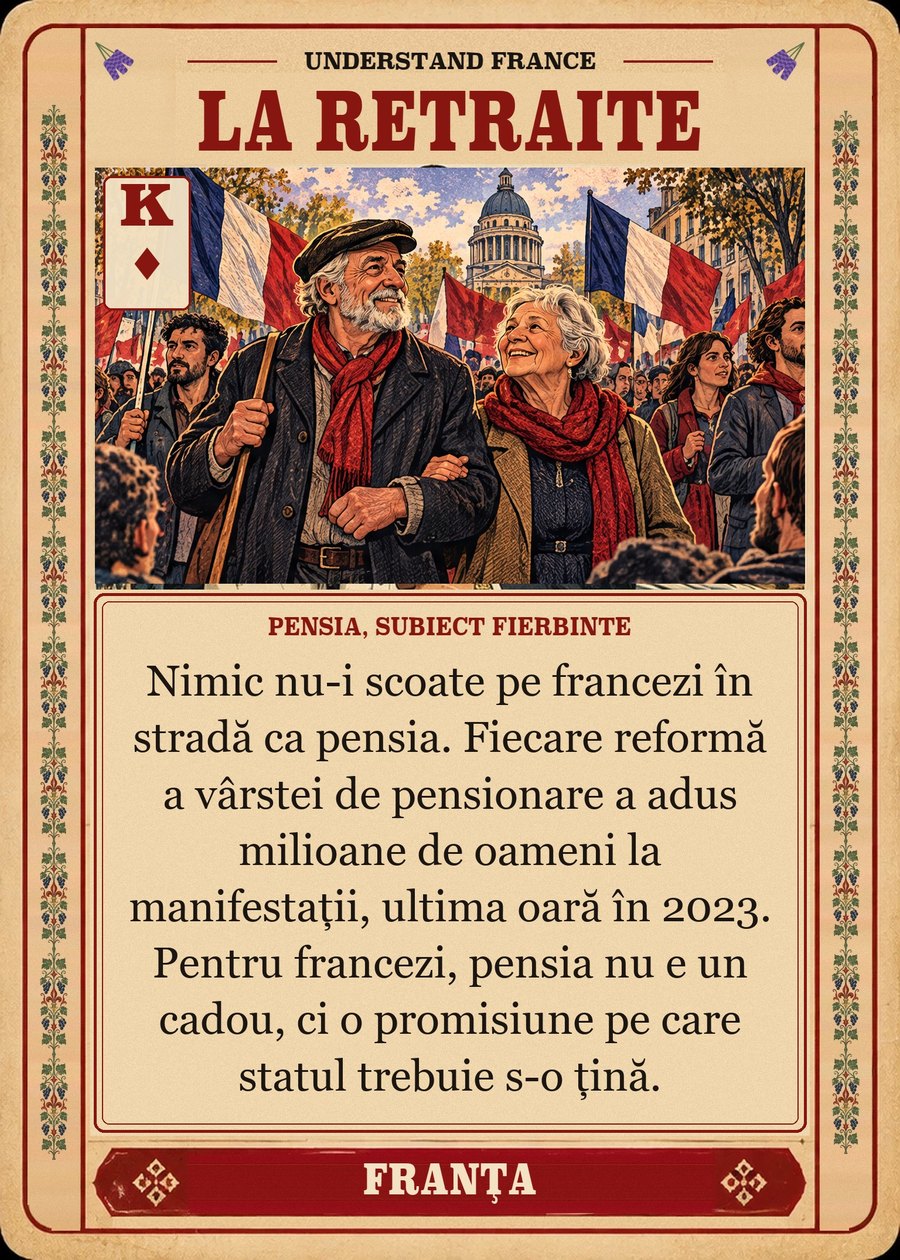 LA RETRAITE — pensia, subiect fierbinte. Nimic nu-i scoate pe francezi în stradă ca pensia. Fiecare reformă a vârstei de pensionare a adus milioane de oameni la manifestații, ultima oară în 2023. Pentru francezi, pensia nu e un cadou, ci o promisiune pe care statul trebuie s-o țină.