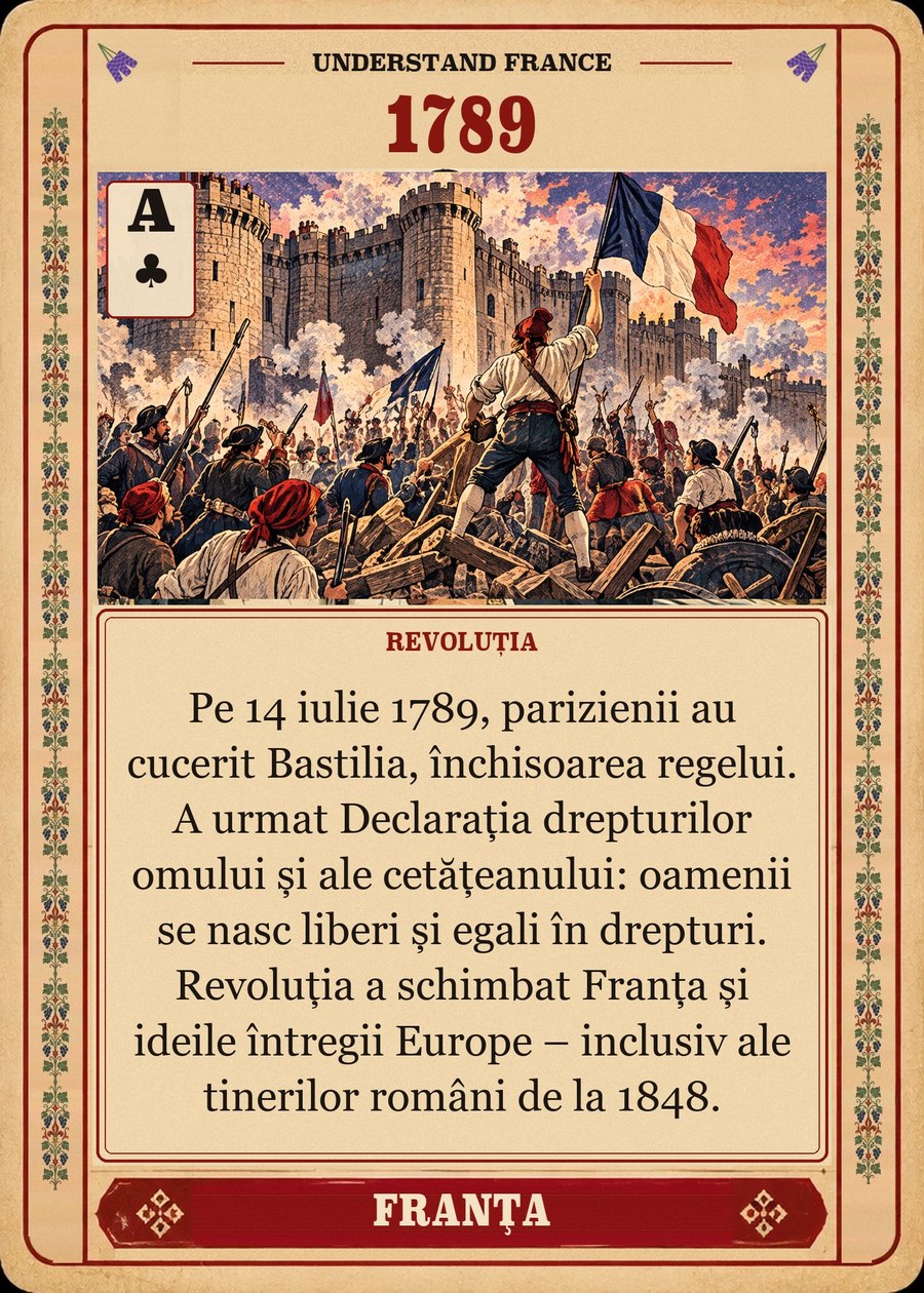 1789 — Revoluția. Pe 14 iulie 1789, parizienii au cucerit Bastilia, închisoarea regelui. A urmat Declarația drepturilor omului și ale cetățeanului: oamenii se nasc liberi și egali în drepturi. Revoluția a schimbat Franța și ideile întregii Europe – inclusiv ale tinerilor români de la 1848.