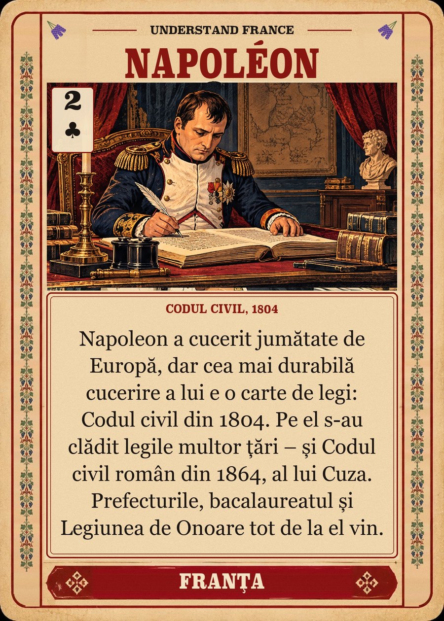 NAPOLÉON — Codul civil, 1804. Napoleon a cucerit jumătate de Europă, dar cea mai durabilă cucerire a lui e o carte de legi: Codul civil din 1804. Pe el s-au clădit legile multor țări – și Codul civil român din 1864, al lui Cuza. Prefecturile, bacalaureatul și Legiunea de Onoare tot de la el vin.