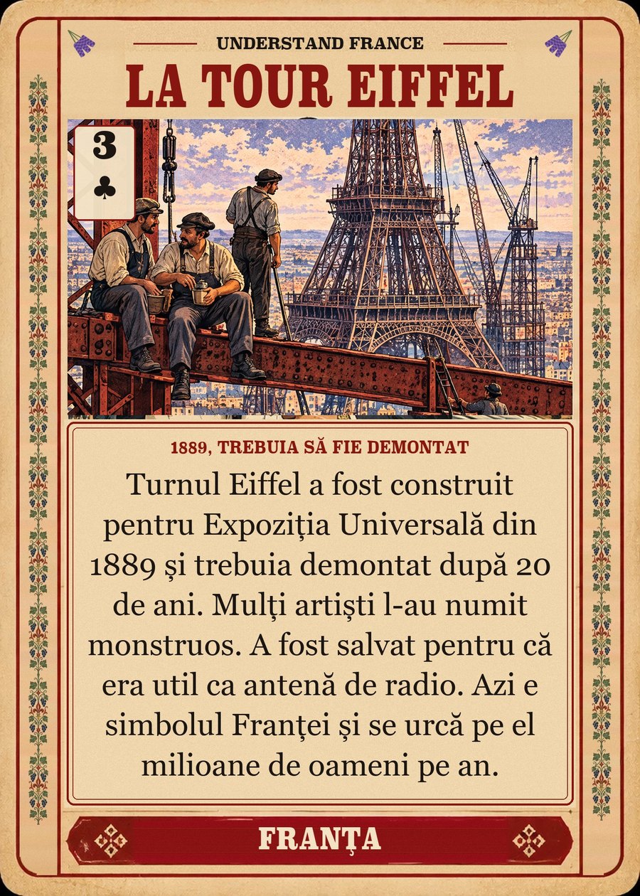 LA TOUR EIFFEL — 1889, trebuia să fie demontat. Turnul Eiffel a fost construit pentru Expoziția Universală din 1889 și trebuia demontat după 20 de ani. Mulți artiști l-au numit monstruos. A fost salvat pentru că era util ca antenă de radio. Azi e simbolul Franței și se urcă pe el milioane de oameni pe an.