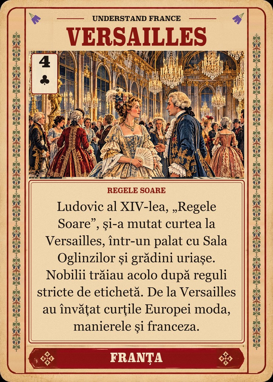 VERSAILLES — Regele Soare. Ludovic al XIV-lea, „Regele Soare”, și-a mutat curtea la Versailles, într-un palat cu Sala Oglinzilor și grădini uriașe. Nobilii trăiau acolo după reguli stricte de etichetă. De la Versailles au învățat curțile Europei moda, manierele și franceza.