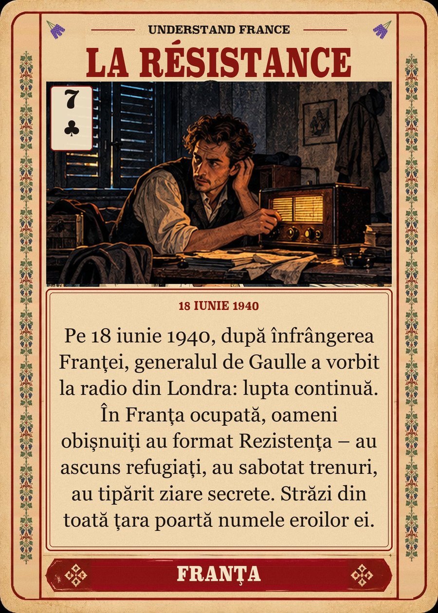 LA RÉSISTANCE — 18 iunie 1940. Pe 18 iunie 1940, după înfrângerea Franței, generalul de Gaulle a vorbit la radio din Londra: lupta continuă. În Franța ocupată, oameni obișnuiți au format Rezistența – au ascuns refugiați, au sabotat trenuri, au tipărit ziare secrete. Străzi din toată țara poartă numele eroilor ei.