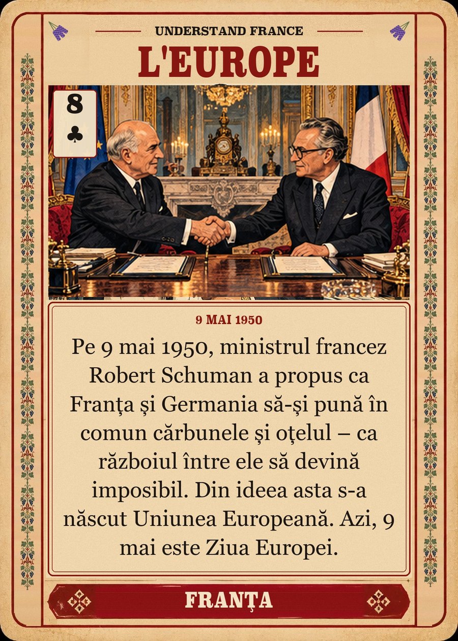 L'EUROPE — 9 mai 1950. Pe 9 mai 1950, ministrul francez Robert Schuman a propus ca Franța și Germania să-și pună în comun cărbunele și oțelul – ca războiul între ele să devină imposibil. Din ideea asta s-a născut Uniunea Europeană. Azi, 9 mai este Ziua Europei.