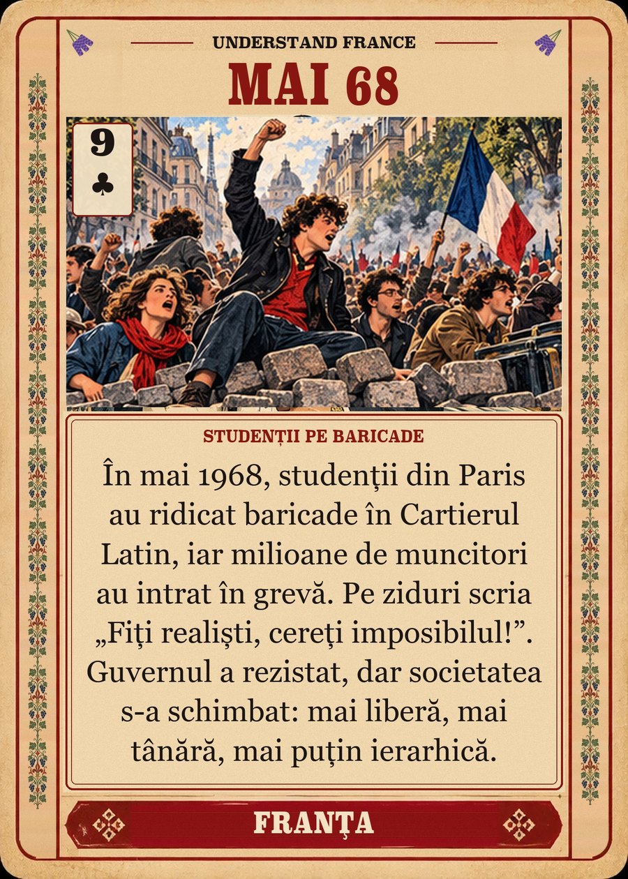 MAI 68 — studenții pe baricade. În mai 1968, studenții din Paris au ridicat baricade în Cartierul Latin, iar milioane de muncitori au intrat în grevă. Pe ziduri scria „Fiți realiști, cereți imposibilul!”. Guvernul a rezistat, dar societatea s-a schimbat: mai liberă, mai tânără, mai puțin ierarhică.