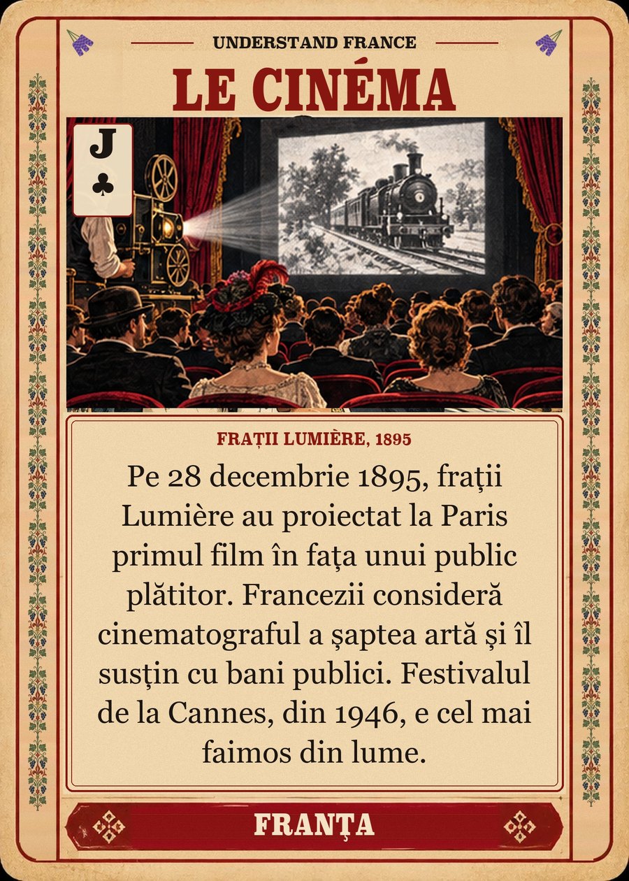 LE CINÉMA — frații Lumière, 1895. Pe 28 decembrie 1895, frații Lumière au proiectat la Paris primul film în fața unui public plătitor. Francezii consideră cinematograful a șaptea artă și îl susțin cu bani publici. Festivalul de la Cannes, din 1946, e cel mai faimos din lume.