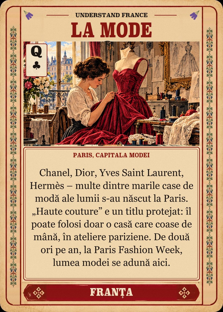 LA MODE — Paris, capitala modei. Chanel, Dior, Yves Saint Laurent, Hermès – multe dintre marile case de modă ale lumii s-au născut la Paris. „Haute couture” e un titlu protejat: îl poate folosi doar o casă care coase de mână, în ateliere pariziene. De două ori pe an, la Paris Fashion Week, lumea modei se adună aici.
