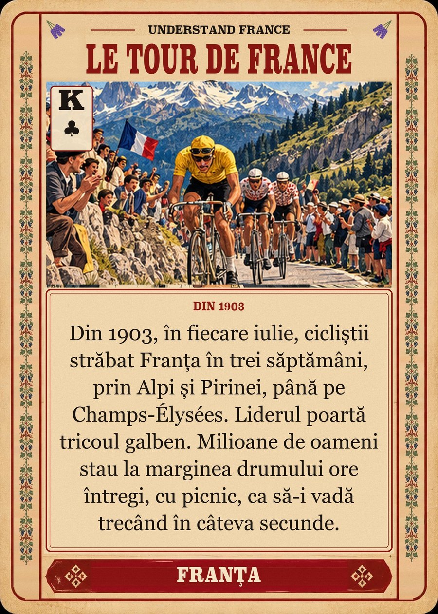 LE TOUR DE FRANCE — din 1903. Din 1903, în fiecare iulie, cicliștii străbat Franța în trei săptămâni, prin Alpi și Pirinei, până pe Champs-Élysées. Liderul poartă tricoul galben. Milioane de oameni stau la marginea drumului ore întregi, cu picnic, ca să-i vadă trecând în câteva secunde.