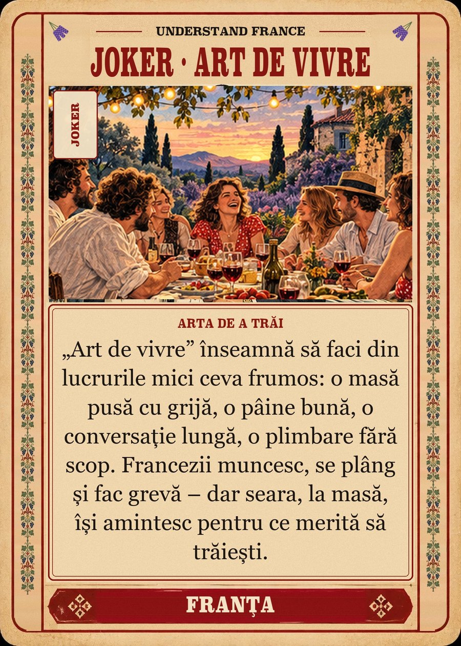 JOKER · ART DE VIVRE — arta de a trăi. „Art de vivre” înseamnă să faci din lucrurile mici ceva frumos: o masă pusă cu grijă, o pâine bună, o conversație lungă, o plimbare fără scop. Francezii muncesc, se plâng și fac grevă – dar seara, la masă, își amintesc pentru ce merită să trăiești.