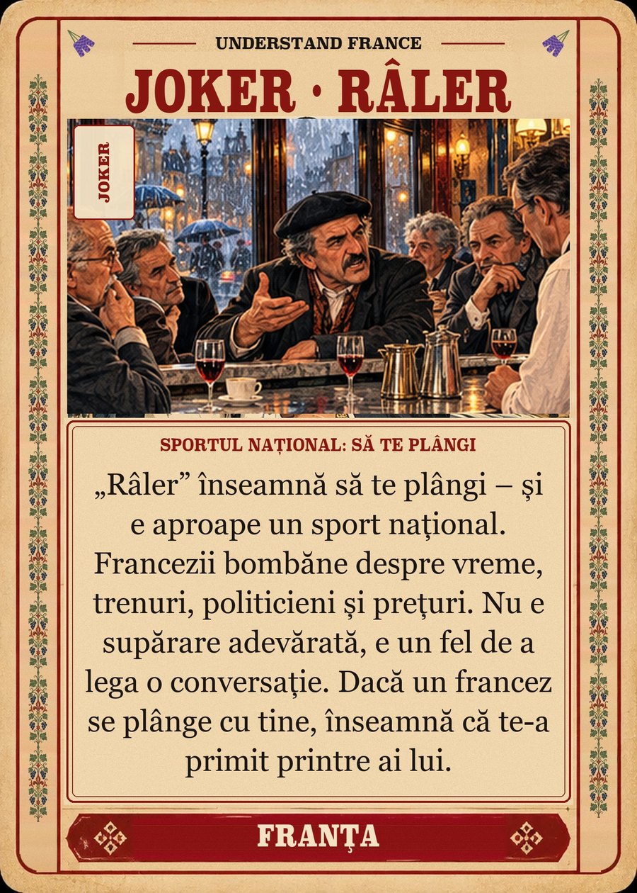 JOKER · RÂLER — sportul național: să te plângi. „Râler” înseamnă să te plângi – și e aproape un sport național. Francezii bombăne despre vreme, trenuri, politicieni și prețuri. Nu e supărare adevărată, e un fel de a lega o conversație. Dacă un francez se plânge cu tine, înseamnă că te-a primit printre ai lui.