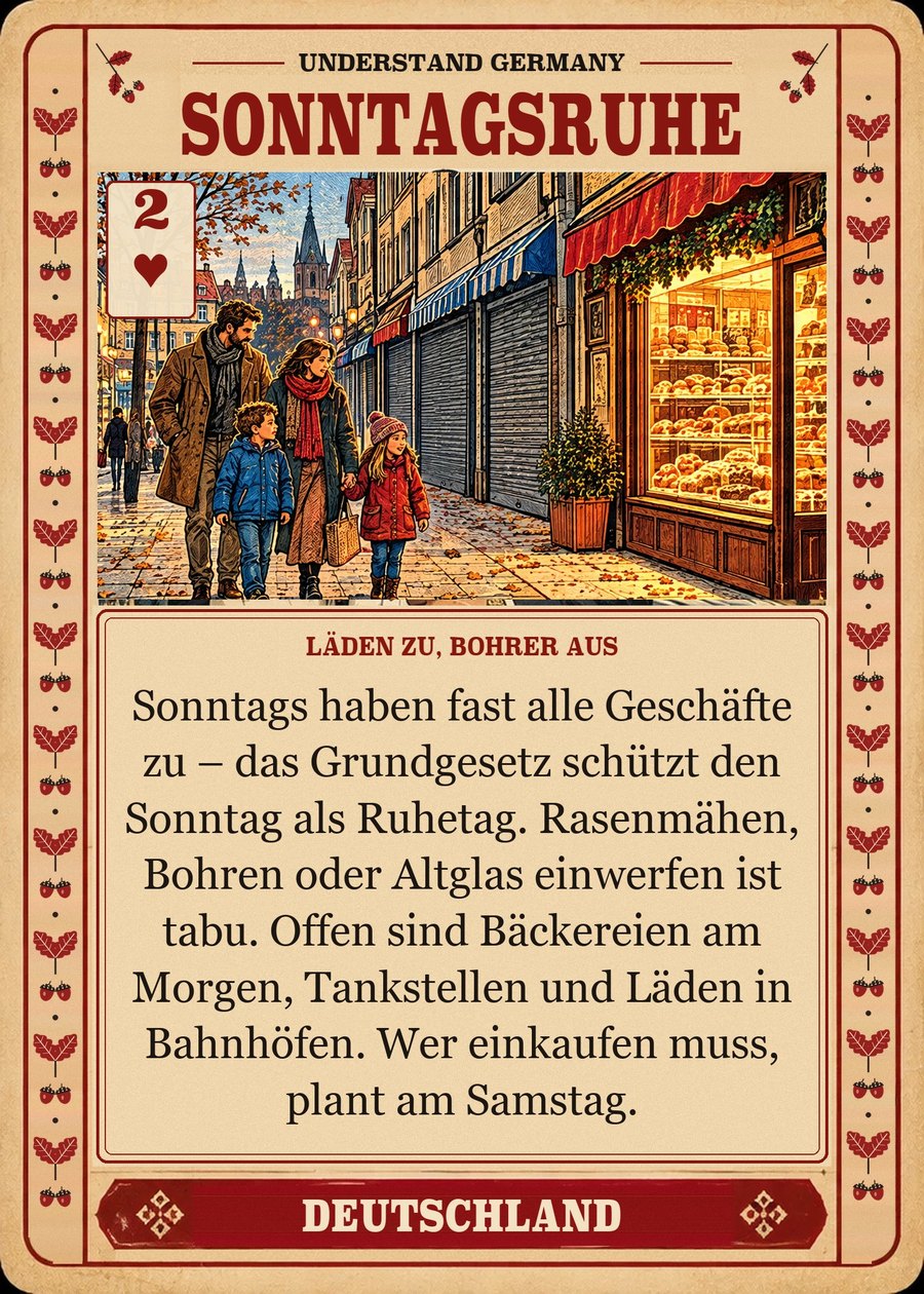 SONNTAGSRUHE — Läden zu, Bohrer aus. Sonntags haben fast alle Geschäfte zu – das Grundgesetz schützt den Sonntag als Ruhetag. Rasenmähen, Bohren oder Altglas einwerfen ist tabu. Offen sind Bäckereien am Morgen, Tankstellen und Läden in Bahnhöfen. Wer einkaufen muss, plant am Samstag.