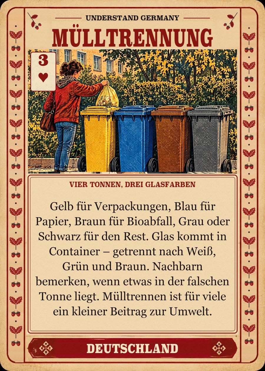 MÜLLTRENNUNG — vier Tonnen, drei Glasfarben. Gelb für Verpackungen, Blau für Papier, Braun für Bioabfall, Grau oder Schwarz für den Rest. Glas kommt in Container – getrennt nach Weiß, Grün und Braun. Nachbarn bemerken, wenn etwas in der falschen Tonne liegt. Mülltrennen ist für viele ein kleiner Beitrag zur Umwelt.