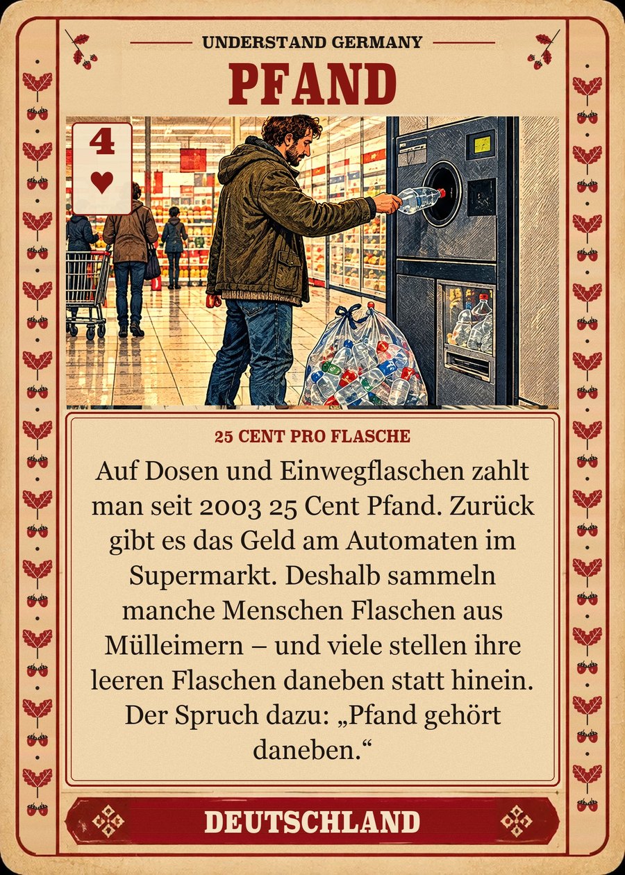 PFAND — 25 Cent pro Flasche. Auf Dosen und Einwegflaschen zahlt man seit 2003 25 Cent Pfand. Zurück gibt es das Geld am Automaten im Supermarkt. Deshalb sammeln manche Menschen Flaschen aus Mülleimern – und viele stellen ihre leeren Flaschen daneben statt hinein. Der Spruch dazu: „Pfand gehört daneben.“